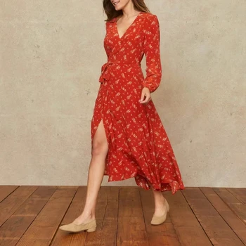 100% Шелковое женское винтажное платье для чаепития с цветочным принтом, платье миди с V-образным вырезом, на шнуровке, с длинным рукавом