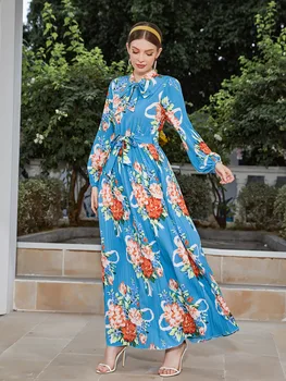 2023 Марокко Мусульманское вечернее платье Женщины Абая Ид Цветочный принт Рамадан Молитвенные платья С длинным рукавом Арабский Дубайский халат Марокканская женщина