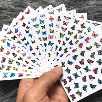 3D голографические бабочки, наклейки для ногтей, Лазерные синие Черные наклейки, Цветы, красота, маникюр, Красочные украшения для ногтей, обертывания