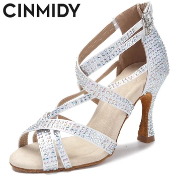 CINMIDY/ танцевальные туфли со стразами, женские туфли для бальных танцев, шелковые атласные сандалии для латиноамериканских танцев, Женские свадебные туфли на высоком каблуке