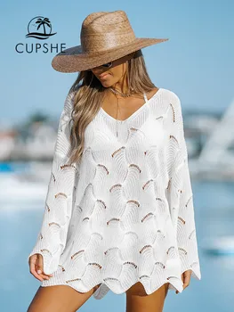 CUPSHE Трикотажный купальник-бикини с вырезом для женщин, сексуальная пляжная туника с V-образным вырезом и длинным рукавом, мини-платье, летняя пляжная одежда 2023 года