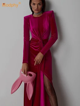 Modphy 2023 Бархатное облегающее бордовое платье Макси для женщин с длинным рукавом и рюшами, приталенное вечернее платье для женской вечеринки Evening Vestido