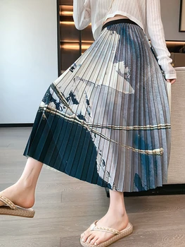 SURMIITRO Миди Длинная Плиссированная юбка Женская 2023 Летняя Корейская модная юбка с принтом, Элегантная Эстетичная юбка с высокой талией, женская