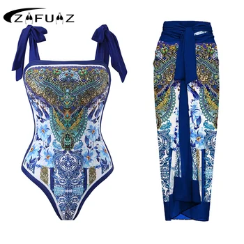 ZAFUAZ Сексуальный модный цельный купальник 2023, Роскошный синий купальник-бандо с принтом, Летние женские купальники, пляжная одежда, монокини, юбка для ванной