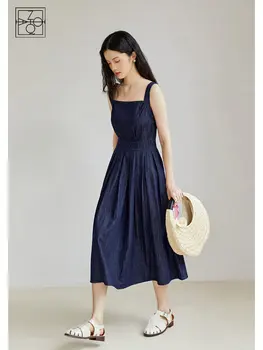 ZIQIAO Retro Sense Джинсовая длинная юбка на подтяжках для женщин Летний нишевый стиль Простое тонкое платье на французских бретелях с высокой талией для женщин