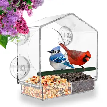 Акриловый скворечник, Прозрачное стеклянное окно, Подвесная кормушка для птиц, белок, семян диких животных, лоток для арахиса со сливными отверстиями, сильное всасывание