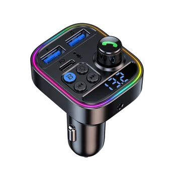 Беспроводной Bluetooth 5.3 Автомобильный FM-передатчик AUX радиоприемник Атмосферный свет MP3-плеер Громкая связь USB PD Быстрое автомобильное зарядное устройство
