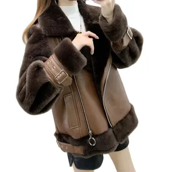 Верхняя одежда из зимнего меха, Женские куртки из искусственного кроличьего меха, Толстое теплое мотоциклетное пальто на молнии, Женская шерстяная подкладка, повседневная осенняя ветровка