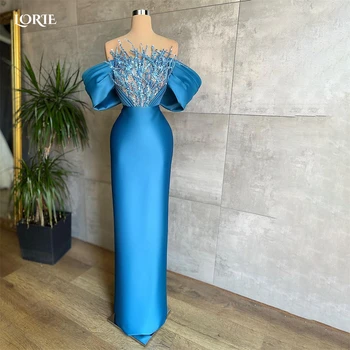 Вечерние платья LORIE Blue с блестками Дубай, Русалка, пайетки с открытыми плечами, плиссированные блестящие платья для выпускного вечера, Арабское атласное вечернее платье знаменитости.