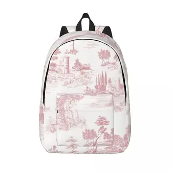 Винтажный дорожный холщовый рюкзак Toile De Jouy Для мужчин и женщин, Школьный рюкзак для ноутбука, Румяна, Розовый, Белый, сумки для студентов колледжа
