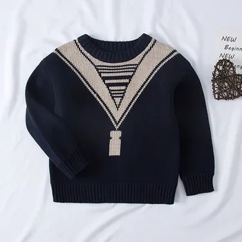 Детские свитера, осенняя одежда для маленьких девочек и мальчиков, детские пуловеры с длинными рукавами в темно-синем стиле, свитера, вязаные топы, зимние