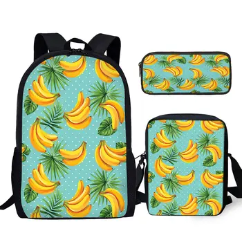 Дизайн в виде банана YIKELUO Wave Dot 3шт Подарочная сумка для школьников с принтом в виде пальмовых листьев, прочный рюкзак, сумка-мессенджер, пенал