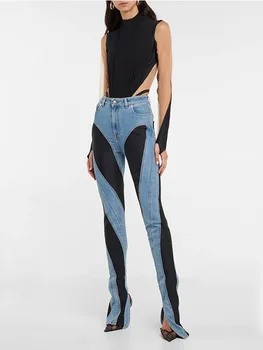 Дизайнерские джинсы-скинни контрастного цвета с разрезом по низу, женские весенние джинсы High Street, облегающие джинсовые брюки-карандаш в стиле пэчворк с высокой талией, ZN183