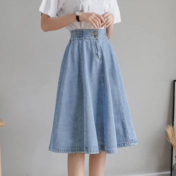 Женская летняя джинсовая юбка TingYiLi с эластичной высокой талией, синяя юбка трапециевидной формы длиной до колен, джинсовая юбка для школьниц и девочек Миди
