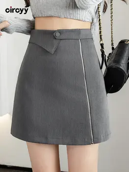 Женская мини-юбка Circyy, серая, с высокой талией, трапециевидная, с подкладкой, юбки на молнии, офисная леди, Корейская мода, элегантная тонкая повседневная одежда