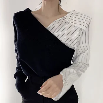 Женская одежда 2023 Новый Корейский стиль, Шикарный Весенне-осенний Темпераментный топ в полоску в стиле пэчворк, искусственный топ из двух частей с длинными рукавами