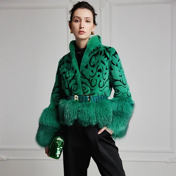 Женская шуба 2223 Тренд, натуральный мех, длинная норка, Зеленая верхняя одежда с цветочным рисунком, куртки, тренчи, Новинка в верхней одежде, одежда