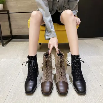 Женские ботильоны, Новые женские короткие ботинки с квадратным носком на толстом каблуке, Модные женские черные ботинки на высоком каблуке из искусственной кожи в британском стиле