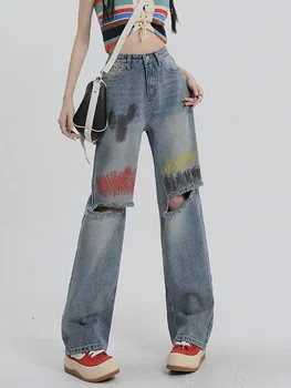 Женские летние джинсы с высокой талией, рваные широкие брюки, женские джинсы высокой уличной моды с принтом, тонкие женские повседневные брюки Y2K