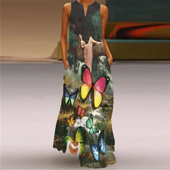 Женские макси-платья с цветочным рисунком, Элегантные женские платья без рукавов с ретро-принтом, сексуальный халат для вечеринки с карманами, S-5XL