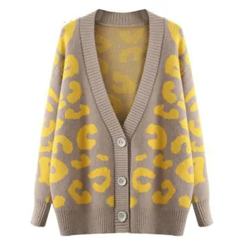 Женский вязаный свитер с леопардовым принтом и V-образным вырезом, кардиган 2020, Корейская Свободная Женская трикотажная рубашка, куртка, осеннее повседневное короткое пальто