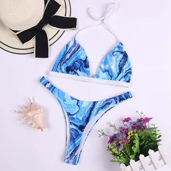 Женский сексуальный комплект бикини с принтом Blue Ocean Tie Dye, бюстгальтер для плавания на бретелях и трусики для купания