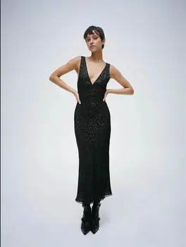 Женское двухслойное длинное платье из 100% шелка с диагональным вырезом и глубоким V-образным вырезом и леопардовым принтом
