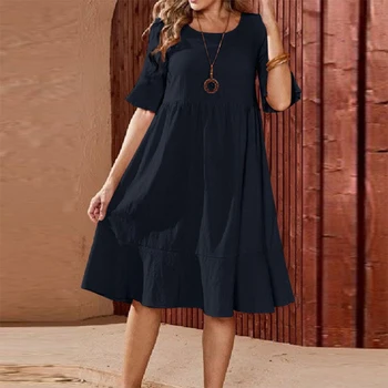 Женское летнее праздничное платье с коротким рукавом и круглым вырезом, однотонный свободный сарафан, женская мода, повседневный праздничный халат 2023