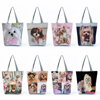 Животное Собака Сумка-тоут Продукты Женские сумки через плечо большой емкости Милые сумки для покупок с принтом Ши-тцу на заказ