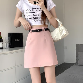 Корейские простые однотонные мини-юбки, новинка женской моды, хит продаж, тонкая юбка трапециевидной формы с высокой талией и поясом