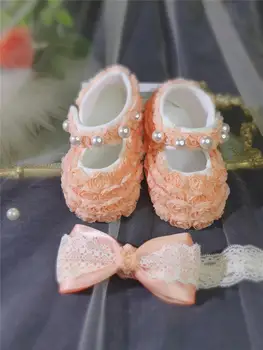Кукольная персиково-розовая 3D ткань С розами, обувь для маленьких девочек, свадебное платье, фотография, первые крючки и петельки для шитья, жемчуг