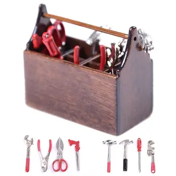 Кукольный домик Миниатюрный Деревянный Ящик для инструментов Набор металлических инструментов Модель Декор Игрушки Аксессуары Детские Развивающие Игрушки для развития интеллекта