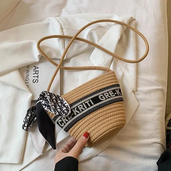Летняя модная соломенная плетеная сумка-ведро с элегантным шарфом, пляжная сумка для отдыха, женская сумка через плечо на одно плечо