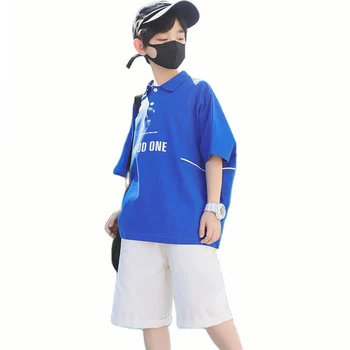 Летняя одежда, футболка для мальчиков + Короткие спортивные костюмы Для мальчиков, комплект для мальчиков с буквенным рисунком, Детский костюм в повседневном стиле