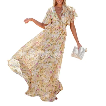 Новое весеннее платье для отдыха в сельской местности, свежее Шифоновое платье с подвешенным ремешком сзади, на шнуровке, с V-образным вырезом, с широкими рукавами-качалками