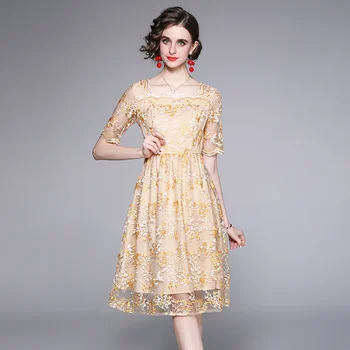 Новое летнее женское платье с коротким рукавом и вышивкой, винтажные платья высокого качества для дам с темпераментом