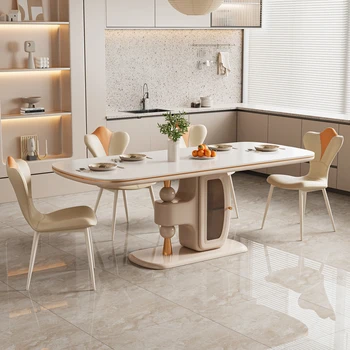 Обеденный стол из прямоугольной каменной плиты во французском кремовом стиле, маленькие благовония, духовой столик, комбинация стульев, интеграция шкафчика, ins ne