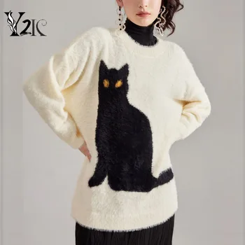Одежда Y2K, корейские шикарные пуловеры с круглым вырезом и рисунком кота из мультфильма, женский свитер с длинным рукавом, повседневный джер...