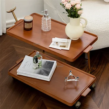 Передвижной приставной столик из массива дерева в скандинавском стиле для мебели для гостиной, легкий роскошный журнальный столик в стиле ретро, Небольшая тележка для хранения в вагоне-ресторане