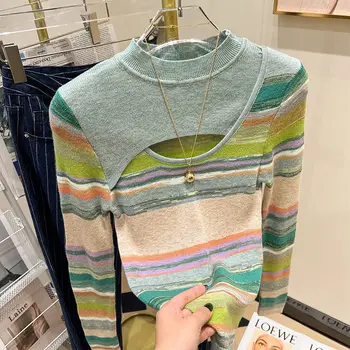 Пуловер, свитер, женский свитер с длинными рукавами и полувысоким вырезом, весна и осень 2023, тонкий крой, полый топ, свитер, пуловер, женский