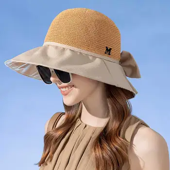 Роскошная женская панама, летняя солнцезащитная шляпа с дышащей сеткой и большими полями, водонепроницаемое виниловое покрытие, дизайн банта, Женская приморская пляжная кепка