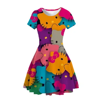 Сексуальное Летнее мини-платье с принтом HELLO KITTY для девочек 2023, Женское платье-пончо с круглым вырезом и Коротким рукавом, Модное Вечернее платье с героями мультфильмов