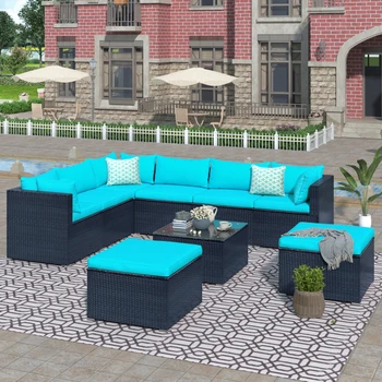 секционный диван для беседы во внутреннем дворике на открытом воздухе из 9 частей с 3 диванами, 3 угловыми диванами, 2 пуфиками и 1 стеклянным журнальным столиком