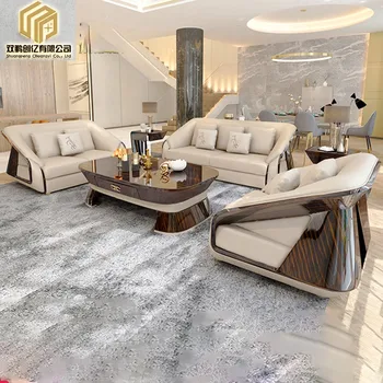 Современный светлый роскошный кожаный диван в гостиной Bugatti simple luxury villa из массива дерева