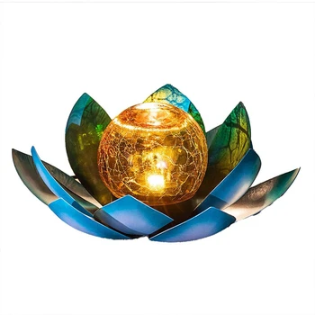 Солнечные фонари для наружного сада, Янтарный хрустящий глобус, Стеклянное украшение в виде лотоса, Водонепроницаемая серая металлическая цветочная подсветка (синяя)