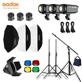 Студийный светодиодный светильник непрерывного света Godox 3x SL-150W белого цвета + софтбокс + осветительная подставка + Студийная тяжелая стрела для студийной фотосъемки