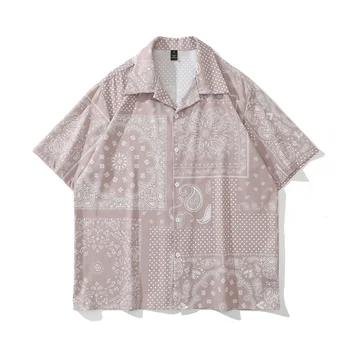 Темно-бежевые рубашки-банданы большого размера, винтажные уличные мужские рубашки для летних каникул, пляжные гавайские рубашки
