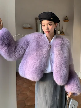 Шуба из фиолетового лисьего меха градиентного цвета, женская модная укороченная теплая пушистая зимняя куртка из натурального меха высокого качества
