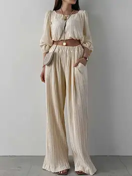 Элегантный модный наряд в стиле бохо, женские осенне-зимние топы с длинными рукавами и широкие брюки, костюмы, повседневный комплект из двух предметов, женский